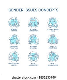 Juego de iconos de concepto de cuestiones de género. Cambio de roles de género. Participación social. Problemas de sexo tipos de ideas ilustraciones de color RGB de línea delgada. Dibujos de contorno aislados por vectores. Trazo editable