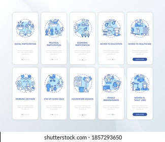 Gender issues onboarding mobile app page screen with concepts set. Social and political participation walkthrough 10 steps graphic instructions. UI vector template with RGB color illustrations