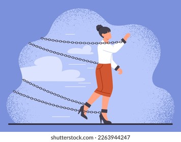 Gender limitation concept. Woman in chains and handcuffs. Obstacles and difficulties, inequality of opportunity and discrimination. Career female identity. Cartoon flat vector illustration