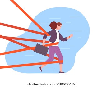 Gender limitation. Woman trying break discrimination barrier, social and financial inequality, bias on work job career female identity sexism symbol,vector illustration of woman problem occupation