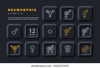 Gender line icon set. Gender identity, inclusivity, diversity, fluidity, LGBTQ, non-binary, transgender, acceptance. Neomorphism style. Vector line icon for business and advertising