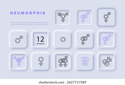 Gender line icon set. Gender identity, inclusivity, diversity, fluidity, LGBTQ, non-binary, transgender, acceptance. Neomorphism style. Vector line icon for business and advertising