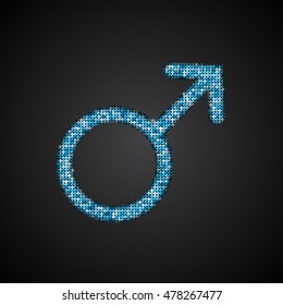 Gender Men Blue Sequins Flat Vector Simple Icon on dark Background. Mosaic, Sequins, Glitter, Sparkle, Stars. Stylish Vector Illustration for Web Design.