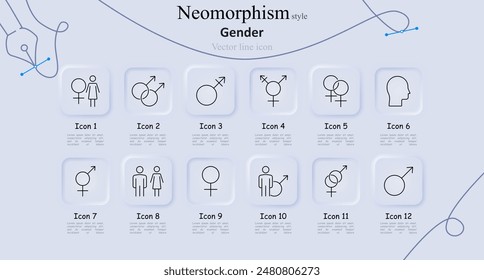 Gender neomorphism style line icons set. Male and female, gender diverse, gender symbols combined, head profile. Gender identity, inclusivity concept
