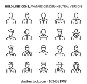 Gender neutral avatars, bold line icons. The illustrations are a vector, editable stroke, 48x48 pixel perfect files. Crafted with precision and eye for quality.