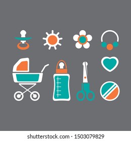 Gender neutral baby care set: bottle, pacifier, rattle, scissors, carriage. Design elements for nursery decoration. Vector illustration. Flat design.