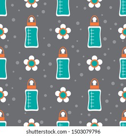Gender neutral baby seamless pattern. Baby botle and flowers. Design element for nursery, fabric, wallpaper, wrapping paper. Vector illustration. Flat design.