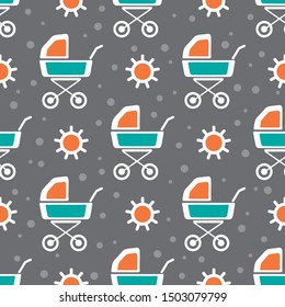 Gender neutral baby seamless pattern. Baby carriage and sun. Design element for nursery, fabric, wallpaper, wrapping paper. Vector illustration. Flat design.