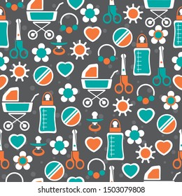 Gender neutral baby seamless pattern. Design element for nursery, fabric, wallpaper, wrapping paper. Vector illustration. Flat design.