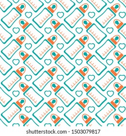 Gender neutral baby seamless pattern with baby bottles. Design element for nursery, fabric, wallpaper, wrapping paper. Vector illustration. Flat design.