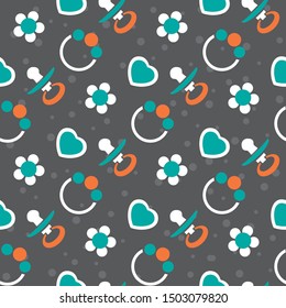 Gender neutral baby seamless pattern with rattle and pacifier. Design element for nursery, fabric, wallpaper, wrapping paper. Vector illustration. Flat design.