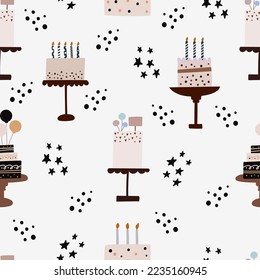 Gender Neutral Birthday cakes seamless pattern. Make a wish. Minimal color trendy illustration.