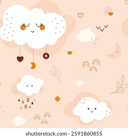 Gender neutral bohemian baby seamless pattern with kawaii cloud leaves rainbows moon heart.