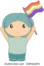 A gender neutral cartoon person with blue clothing and hair holding a rainbow flag.  Part of the LGBT pride parade goer set   Vector art with a transparent background (eps).