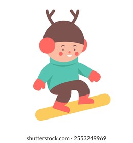 Carácter neutral de género en un traje de ciervo de Navidades, celebrando Navidades en tabla de snowboard. СPersonaje de Navidades infantiles. Ilustración vectorial plana en estilo de dibujos animados.