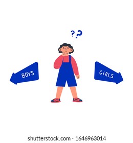 Gender neutral child with question mark.Gender neutrality.The child does not know where to go.Arrows with inscription girls boys.Cartoon character on white background.Colorful vector illustration