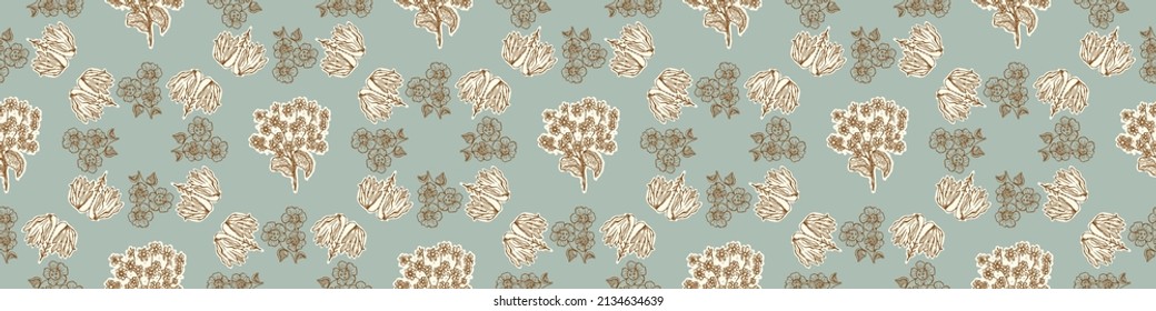 Gender neutral floral seamless vector border. Simple whimsical 2 tone banner. Kids nursery wallpaper or scandi bordur. 