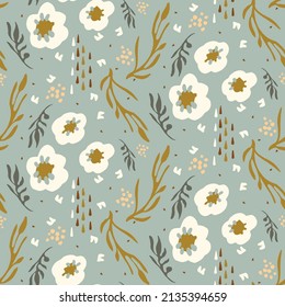 Gender neutral floral seamless vector background. Simple whimsical 2 tone pattern. Kids nursery wallpaper or scandi all over print. 