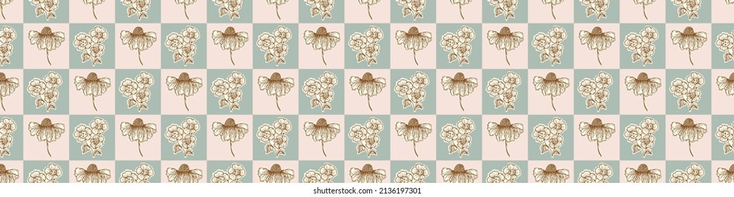 Gender neutral floral seamless vector border. Simple whimsical 2 tone banner. Kids nursery wallpaper or scandi bordur. 