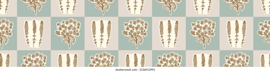 Gender neutral floral seamless vector border. Simple whimsical 2 tone banner. Kids nursery wallpaper or scandi bordur. 