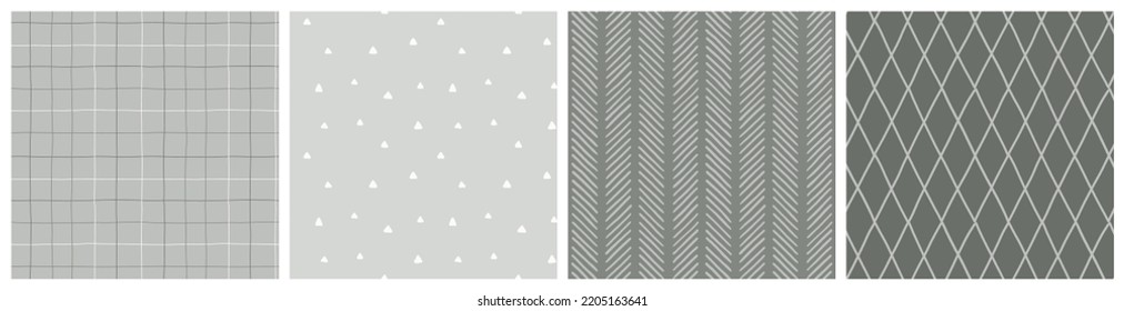 Gender Neutral Natural Olive Green Cozy Seamless Pattern Set. Baby Blanket; Nursery Bedding, Kitchen Textile In Soft Earthy Colors With Check Plaid; Spot; Herringbone And Diamond Print. 