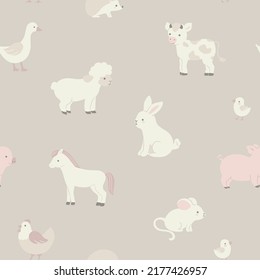 Gender Neutral Nursery Vector Seamless Pattern with Cute Animals on Beige Background