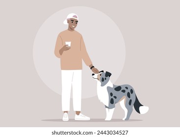 A gender neutral person an their merle Dog Enjoying a Morning walk,  A non binary character standing beside a blue marble colored border collie holding a cup