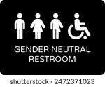 Gender neutral restroom sign. All gender neutral toilet icon. Vector flat solid pictogram on black background for web, mobile app, office, mall, restaurant.	