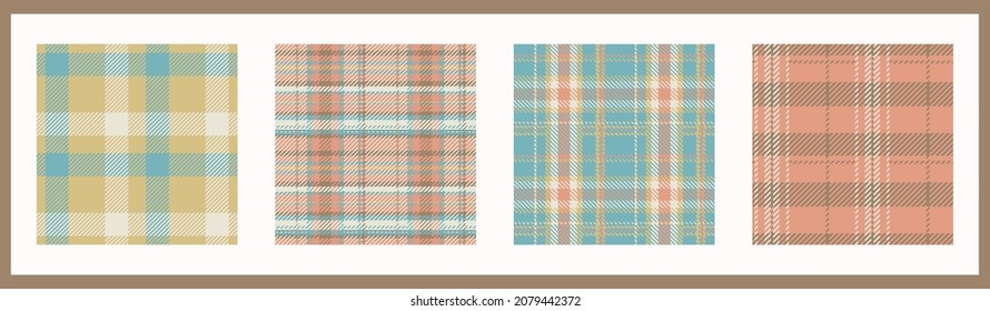 Gender neutral seamless plaid vector pattern collection. Gingham baby color checker background set. Woven tweed all over print. 