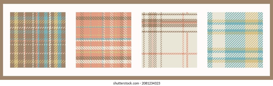 Gender neutral seamless plaid vector pattern collection. Gingham baby color checker background set. Woven tweed all over print. 