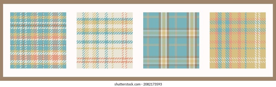 Gender neutral seamless plaid vector pattern collection. Gingham baby color checker background set. Woven tweed all over print. 