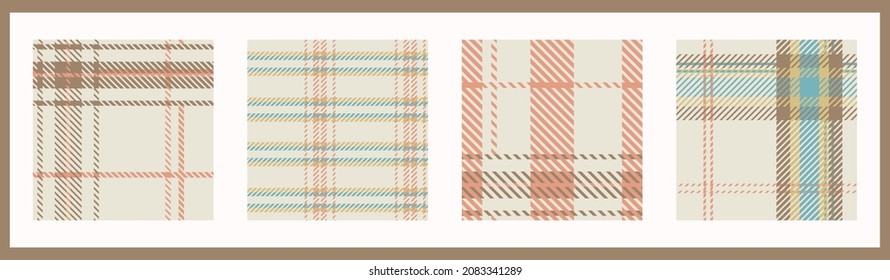 Gender neutral seamless plaid vector pattern collection. Gingham baby color checker background set. Woven tweed all over print. 
