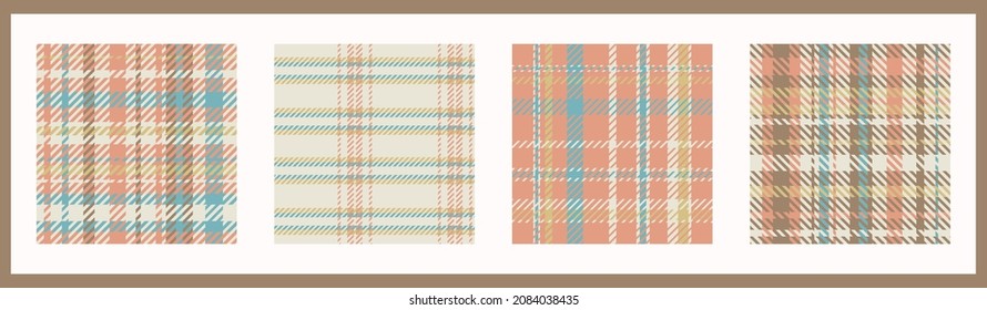 Gender neutral seamless plaid vector pattern collection. Gingham baby color checker background set. Woven tweed all over print. 