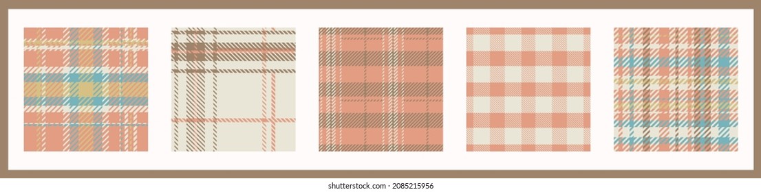 Gender neutral seamless plaid vector pattern collection. Gingham baby color checker background set. Woven tweed all over print. 