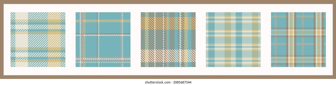 Gender neutral seamless plaid vector pattern collection. Gingham baby color checker background set. Woven tweed all over print. 