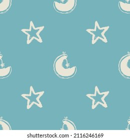 Gender neutral sleepy star and moon seamless vector background. Simple whimsical romantic 2 tone pattern. Kids nursery wallpaper or scandi all over print. 