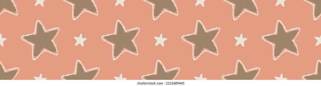 Gender Neutral Sleepy Star And Moon Seamless Vector Background. Simple Whimsical Romantic 2 Tone Pattern Banner. Kids Nursery Wallpaper Or Scandi Band.