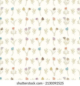 Gender neutral sprigged foliage seamless vector background. Simple whimsical botanical 2 tone pattern. Kids nursery wallpaper or scandi all over print. 