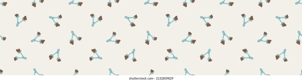 Gender neutral sprigged foliage seamless vector border. Simple whimsical botanical 2 tone pattern. Kids nursery wallpaper or scandi ribbon