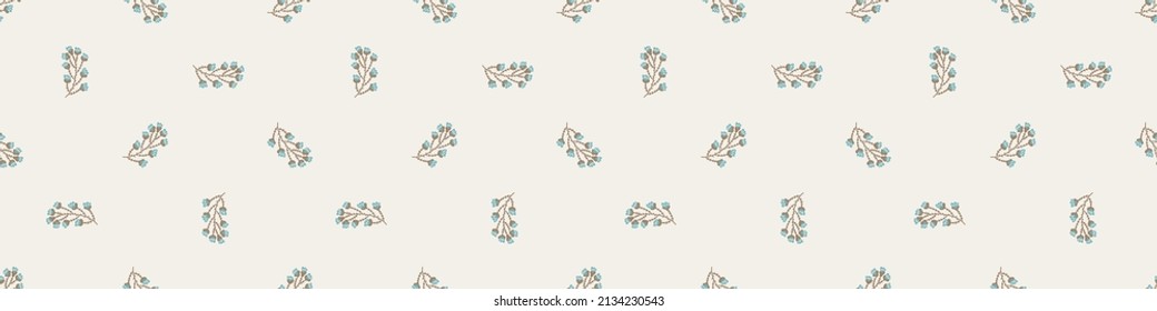 Gender neutral sprigged foliage seamless vector border. Simple whimsical botanical 2 tone pattern. Kids nursery wallpaper or scandi ribbon