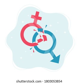 Gender norms concept. Gender symbols breaking in pieces. Vector illustration in flat style