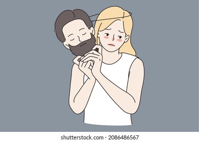 Gender orientation and identification concept. Sad young blonde woman standing holding male brutal face with beard in hands vector illustration 