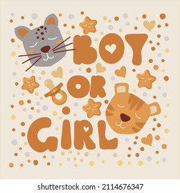 Gender party, baby shower concept. Boy or girl party reveal. Lettering phrase with cute hand drawn animals on a beige background. Ready to print on a t-shirt, bodysuit, romper, scrapbook paper. 