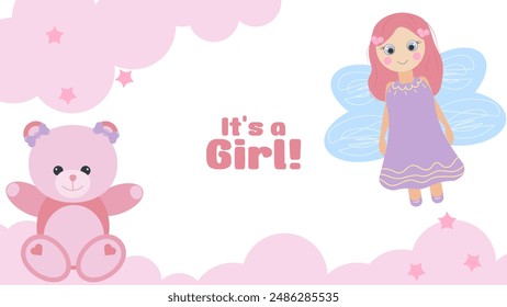 Gender party banner postcard boy or girl. Doll and bear. Baby shower invitation template. Vector illustration.