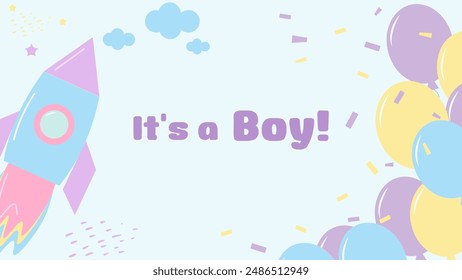 Gender party banner postcard boy or girl. Rocket and balloons. Baby shower invitation template. Vector illustration.