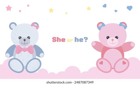 Gender party banner postcard boy or girl. Pink and blue bear. Baby shower invitation template. Vector illustration.