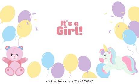 Gender party banner postcard boy or girl. Baby shower invitation template. Vector illustration.