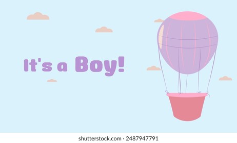 Gender party banner postcard boy or girl. Balloon in sky. Baby shower invitation template. Vector illustration.