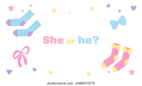 Gender party banner postcard boy or girl. Childrens socks and bows. Baby shower invitation template. Vector illustration.