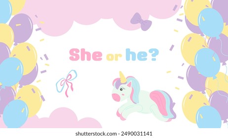 Gender party banner postcard boy or girl. Unicorn balls and clouds. Baby shower invitation template. Vector illustration.